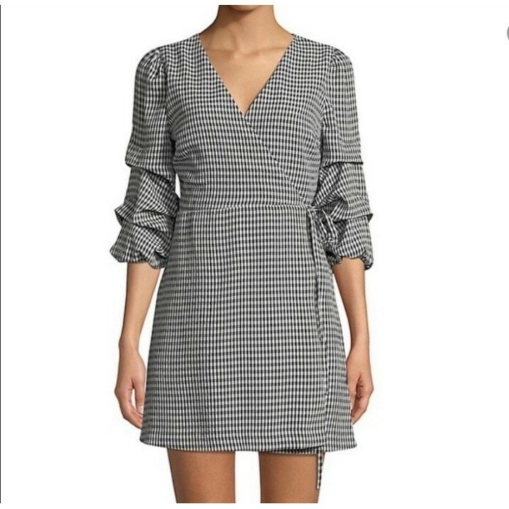 Highline Mini Wrap Dress XS Black White Gingham Tiered Gathered 3/4 Sleeve VNeck